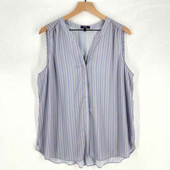 NYDJ Tops - NYDJ Pintuck Blouse Womens Large Multicolor Stripes Split Neck Concealed Button